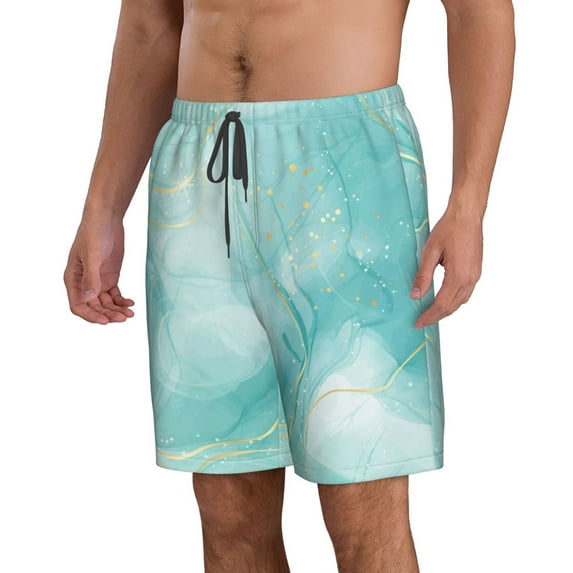Uemuo Blue Marble Pattern Men's Swim Trunks Hawaiian Beach Bathing Suit Swimsuits Beach Quick-Dry Shorts with Pockets-Small