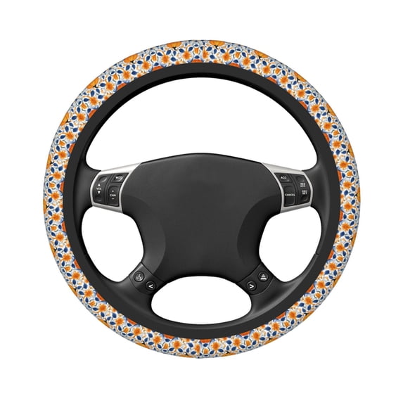 Uemuo Blue Orange Pumpkin fall Printed Car Elastic Steering Wheel Cover - Universal Car Accessory for Diverse Cars Anti-Slip, and Comfortable- 15"