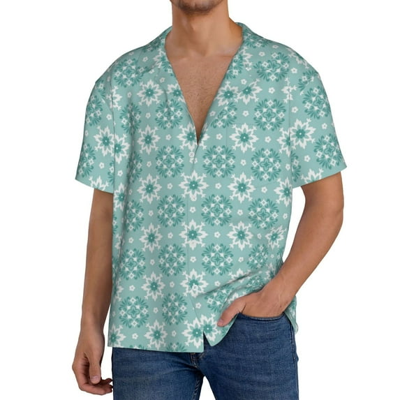 Uemuo Blue Print Pattern Cotton Linen Short Sleeve Shirts,Casual Lightweight Button Down Shirts,Vacation Beach Summer Tops-XX-Large