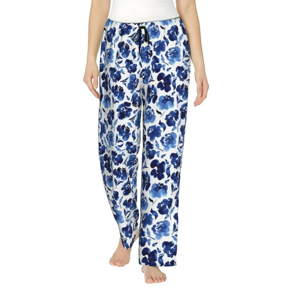 Uemuo Blue Roses Pattern Women's Wide Leg Palazzo Lounge Pants with Pockets Light Weight Loose Comfy Casual Pajama Pants-Small
