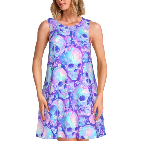 Uemuo Blue Skull Daisy Pattern Women’s Sleeveless Dress – Casual Summer A-Line Dress, Stylish and Comfortable Sundress for Hot Weather