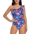 thumbnail image 1 of Uemuo Blue Skull Flower Print Women's One Piece Swimsuit Asymmetrical Neck Bathing Suit One Shoulder Side Cutout Ruffle Swimwear-Large, 1 of 6