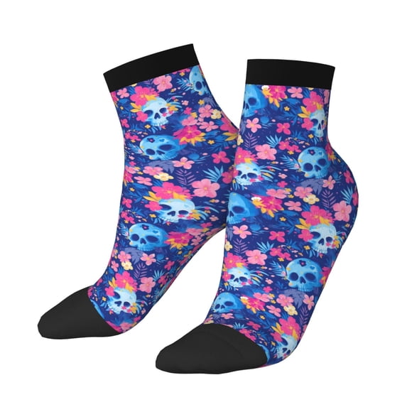 Uemuo Blue Skull Flower Printed Crew Socks, Moisture-Wicking Socks, Athletic Socks for Men Breathable Cushion Socks Casual Sport Socks for Running Traveling