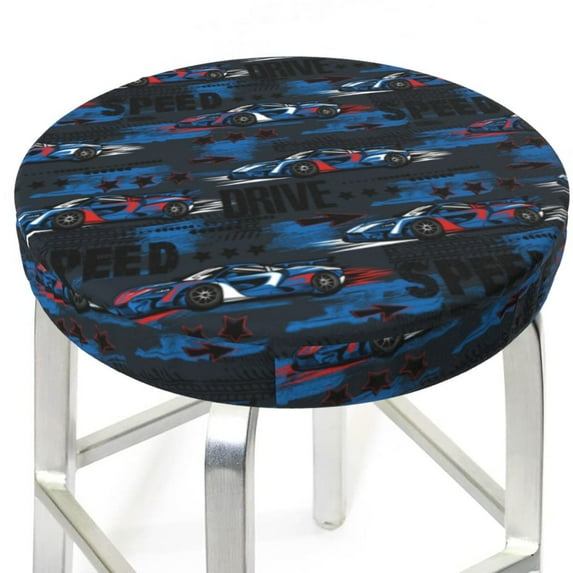 Uemuo Blue Sports Car Pattern Round Bar Stool Seat Covers Washable Stool Cushion Slipcover Elastic Bar Chair Covers-14 inch