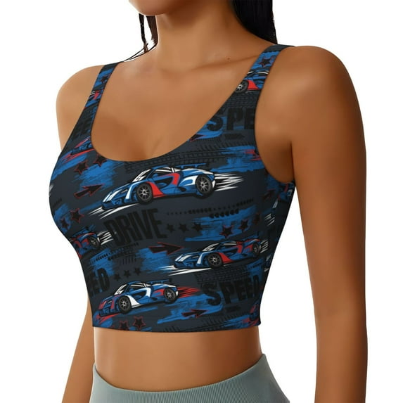 Uemuo Blue Sports Car Pattern Women's Sports Bra - High Impact Support, Breathable, and Comfortable Athletic Bra for Running, Yoga, and Workouts