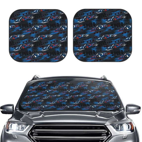 Uemuo Blue Sports Car Printed 2 PCS Car Windshield Sun Shade, Auto Sun Heat and UV Rays Blocker, Foldable Automotive Front Window Sunshade Protector