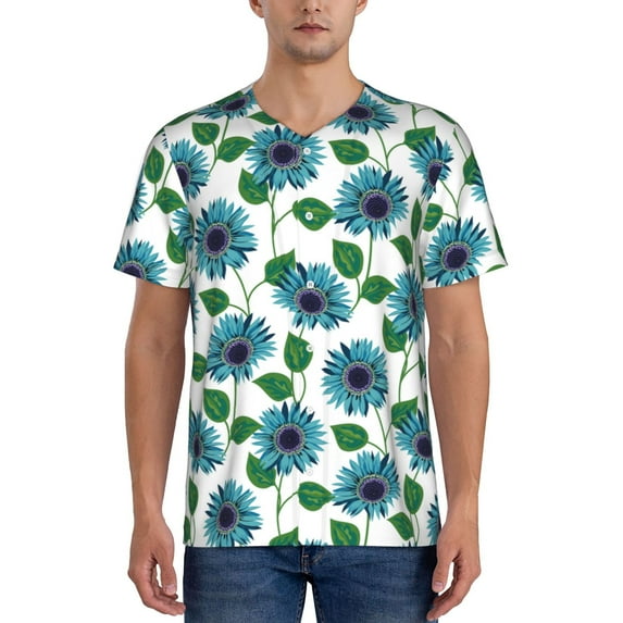 Uemuo Blue Sunflowers Print Mens Polo Shirts Baseball T-shirt Performance Short Sleeve Golf Shirt Moisture Wicking Athletic Casual Collared T-Shirt-X-Large