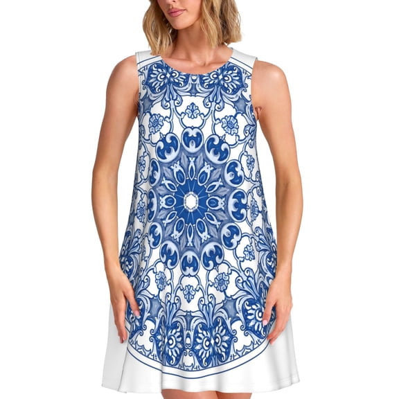 Uemuo Blue Watercolor Pattern Women’s Sleeveless Dress – Casual Summer A-Line Dress, Stylish and Comfortable Sundress for Hot Weather