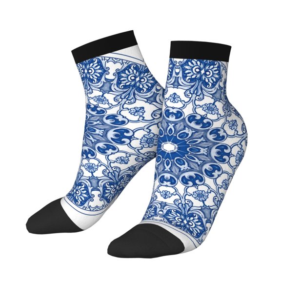 Uemuo Blue Watercolor Printed Crew Socks, Moisture-Wicking Socks, Athletic Socks for Men Breathable Cushion Socks Casual Sport Socks for Running Traveling