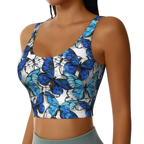 Uemuo Blue and White Butterflies Pattern Women's Sports Bra - High Impact Support, Breathable, and Comfortable Athletic Bra for Running, Yoga, and Workouts