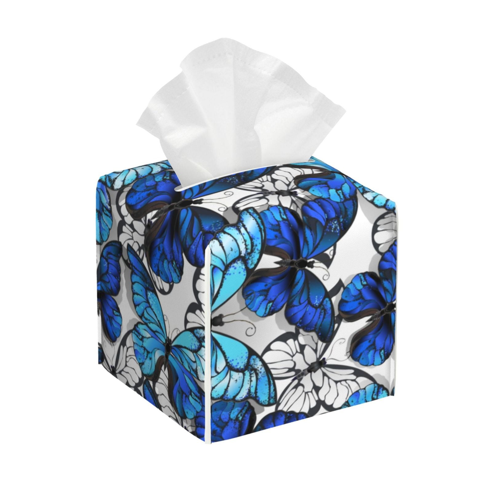 Abstract Blue Grey Tissue Box Cover - 5.2 Inch Square PU Leather Holder With Open Bottom