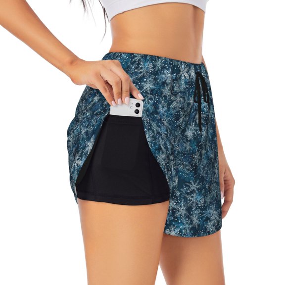 Uemuo Blue and White Gradient Snowflake Pattern Women's Athletic Shorts High Waisted Running Shorts with Liner Pockets Gym Elastic Workout Shorts-Medium