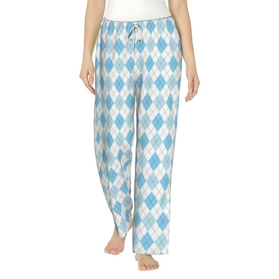 Uemuo Blue and White Squares Pattern Women's Wide Leg Palazzo Lounge Pants with Pockets Light Weight Loose Comfy Casual Pajama Pants-Large