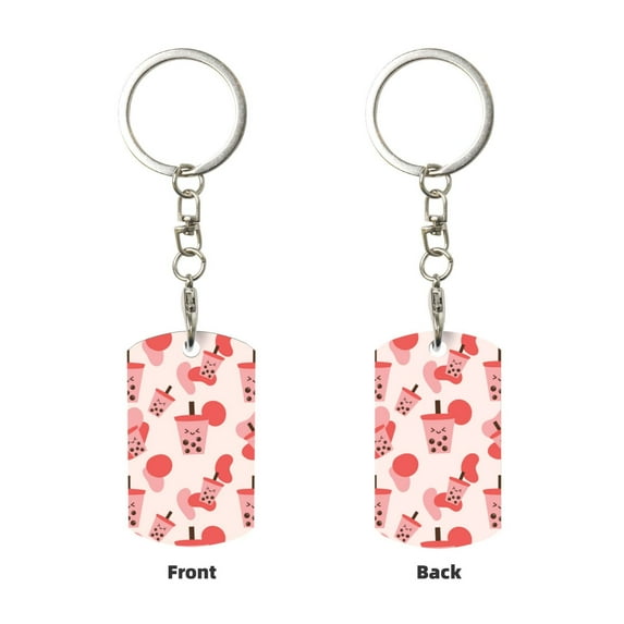 Uemuo Boba Milk Tea Pattern Rectangular Metal Keychain - Durable, Stylish, and Personalized Key Ring for Men and Women,Engraved Keychain,Gift Slim Sturdy Keychain