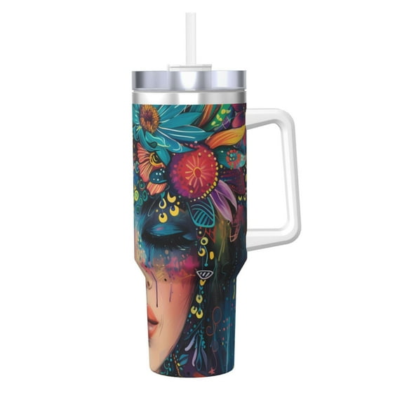 Uemuo Bohemian Colorful Flower Woman Print 40oz Ice Bully With Handle And Straw Stainless Steel Vacuum Insulated Cup And 2 In 1 Straw Lid Insulated Travel Tumbler