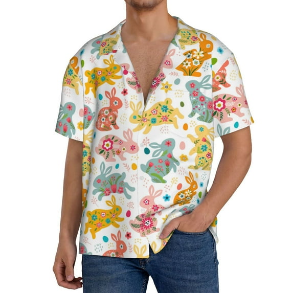 Uemuo Boho Bunny Pattern Cotton Linen Short Sleeve Shirts,Casual Lightweight Button Down Shirts,Vacation Beach Summer Tops-X-Large