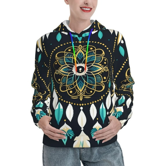 Uemuo Boho Dreamcatcher Pattern Women's Hoodie with Eye-catching Drawstrings- Casual Pullover Hoodie with Kangaroo Pocket, Stylish Hooded Sweatshirt-Large