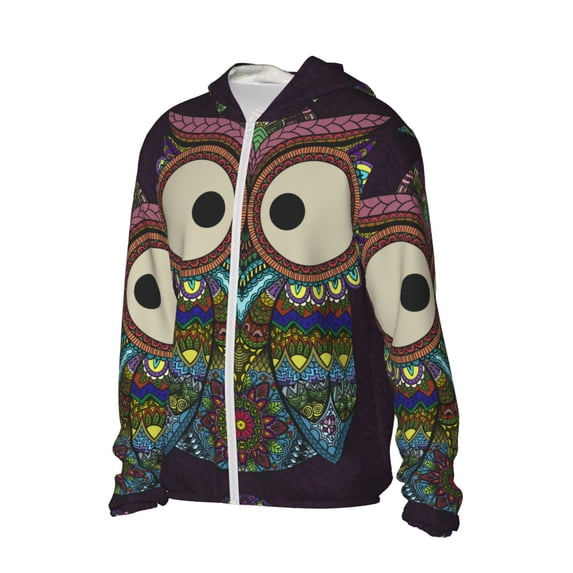 Uemuo Boho Owl Pattern Women's Full Zip UPF 50+ Sun Protection Hoodie Jacket Long Sleeve Sun Shirt Hiking Outdoor Performance with Pockets-Large