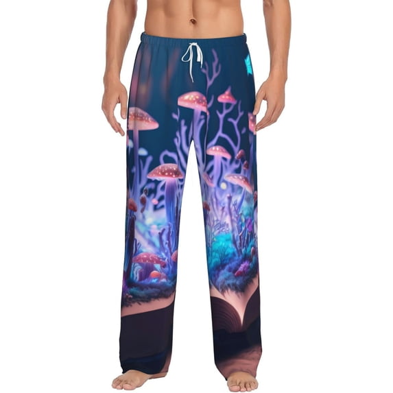 Uemuo Book Glowing Mushrooms Pattern Men's Wide Leg Palazzo Lounge Pants with Pockets Light Weight Loose Comfy Casual Pajama Pants-Small