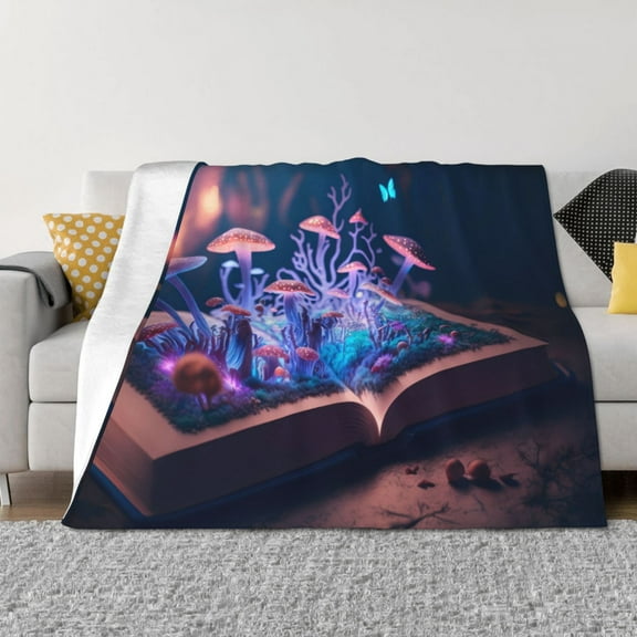 Uemuo Book Glowing Mushrooms Printed Throw Blanket for Couch, Fluffy Fuzzy Blankets for Bed, Sofa, Cozy Flannel Faux Fur Blanket-