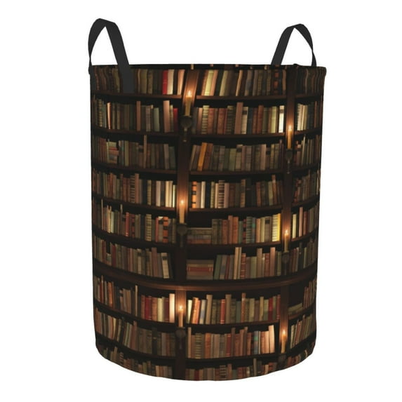 Uemuo Bookshelves Pattern Circular Laundry Hamper Basket with handles,Collapsible laundry basket,Large capacity laundry hamper,Laundry Organizer-Medium