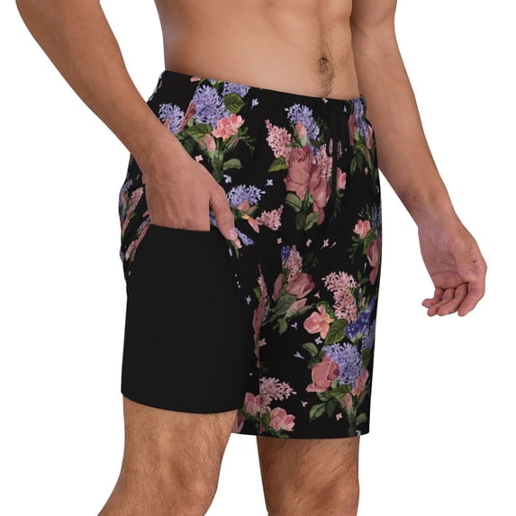 Uemuo Bouquet Pattern Mens Swim Trunks Quick Dry Board Shorts with Mesh Lining, Stretch Beach Shorts Quick Dry No-Chafing Board Shorts-3X-Large