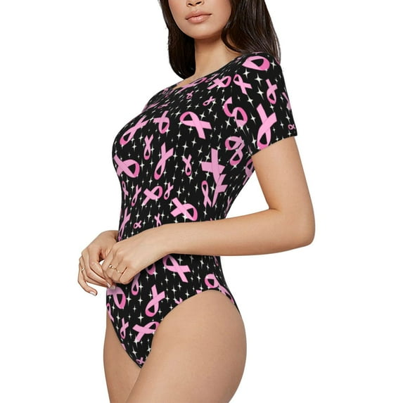 Uemuo Breast Cancer Awareness (2) Pattern Women's One Piece Short Sleeve Swimsuit Rash Guard Surfing Modest Quick-drying Swimsuit Beach Essentials-Medium