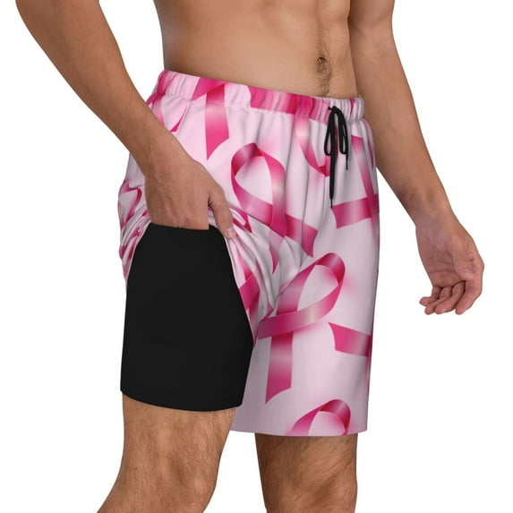 Uemuo Breast Cancer Ribbons Awareness Pattern Mens Swim Trunks Quick Dry Board Shorts with Mesh Lining, Stretch Beach Shorts Quick Dry No-Chafing Board Shorts-