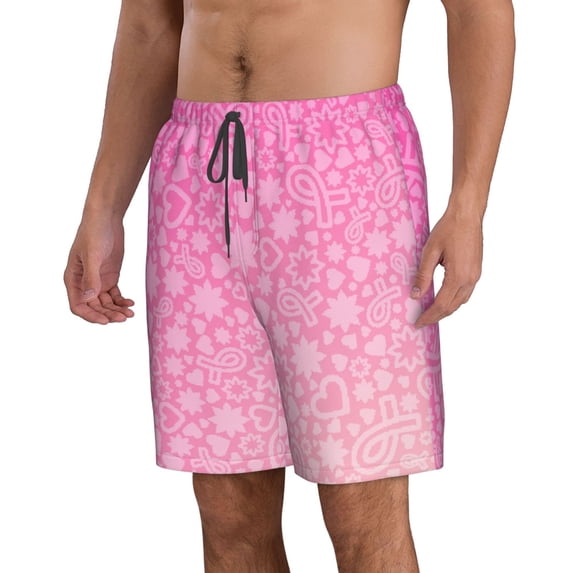 Uemuo Breast CancerN Ribbons Awareness Pattern Men's Swim Trunks Hawaiian Beach Bathing Suit Swimsuits Beach Quick-Dry Shorts with Pockets-Large