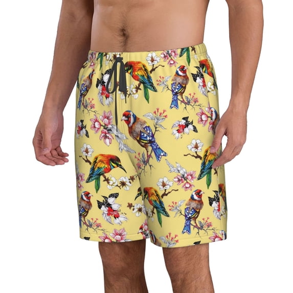 Uemuo Bright Birds Pattern Men's Swim Trunks Hawaiian Beach Bathing Suit Swimsuits Beach Quick-Dry Shorts with Pockets-Small