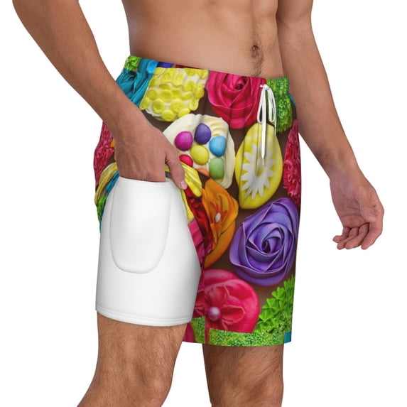 Uemuo Brightly Colored Cupcakes Pattern Mens Swim Trunks Quick Dry Board Shorts with Mesh Lining, Stretch Beach Shorts Quick Dry No-Chafing Board Shorts-XX-Large