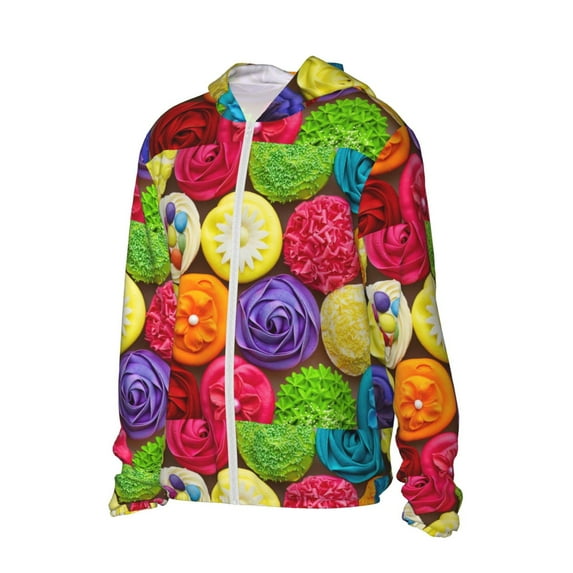 Uemuo Brightly Colored Cupcakes Pattern Women's Full Zip UPF 50+ Sun Protection Hoodie Jacket Long Sleeve Sun Shirt Hiking Outdoor Performance with Pockets-Small