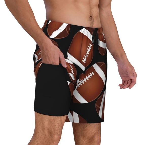 Uemuo Brown Football On Black Pattern Mens Swim Trunks Quick Dry Board Shorts with Mesh Lining, Stretch Beach Shorts Quick Dry No-Chafing Board Shorts-X-Large