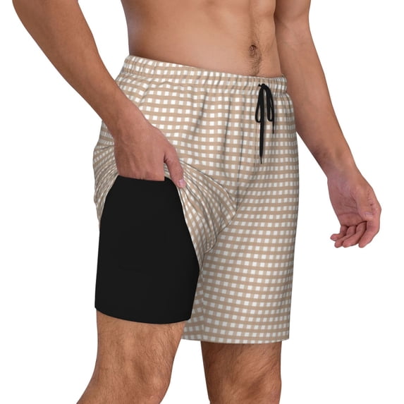 Uemuo Brown Gingham Pattern Mens Swim Trunks Quick Dry Board Shorts with Mesh Lining, Stretch Beach Shorts Quick Dry No-Chafing Board Shorts-Small