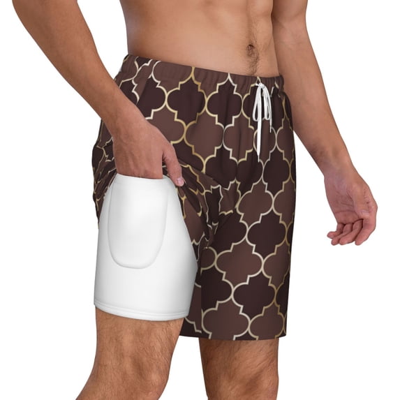 Uemuo Brown Gold Grid Pattern Mens Swim Trunks Quick Dry Board Shorts with Mesh Lining, Stretch Beach Shorts Quick Dry No-Chafing Board Shorts-Small
