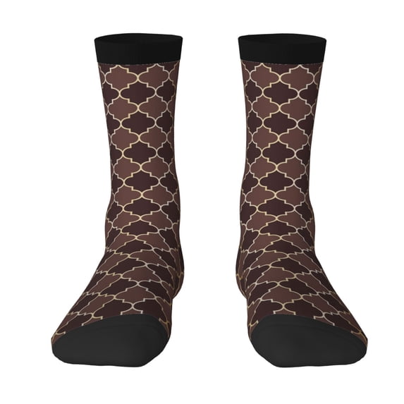 Uemuo Brown Gold Grid Pattern Women's Crew Socks, Soft Durable Breathable Moisture-Wicking with Odor Control Cotton socks