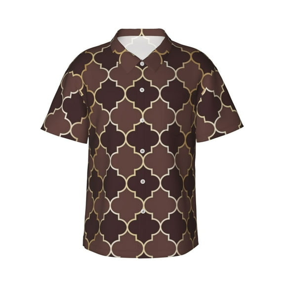 Uemuo Brown Gold Grid Printed Regular Fit Short Sleeve Casual Hawaiian Shirt for Men,Aloha shirt,Tropical shirt,Floral print shirt,Vacation Beach shirt-Medium