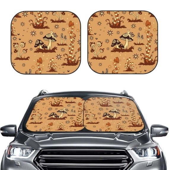 Uemuo Brown Mushrooms Printed 2 PCS Car Windshield Sun Shade, Auto Sun Heat and UV Rays Blocker, Foldable Automotive Front Window Sunshade Protector