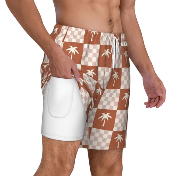 Uemuo Brown Palms Pattern Mens Swim Trunks Quick Dry Board Shorts with Mesh Lining, Stretch Beach Shorts Quick Dry No-Chafing Board Shorts-X-Large