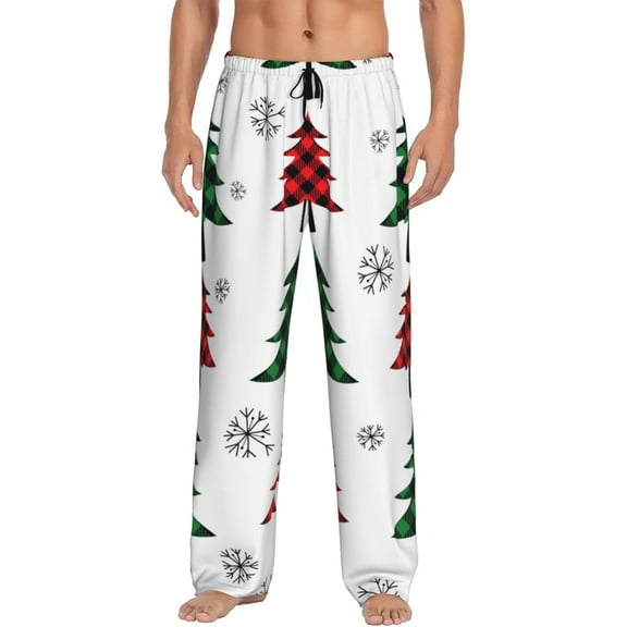 Uemuo Buffalo Plaid Christmas Trees Pattern Men's Wide Leg Palazzo Lounge Pants with Pockets Light Weight Loose Comfy Casual Pajama Pants-Medium
