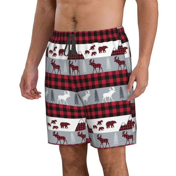 Uemuo Buffalo Plaid Forest Pattern Men's Swim Trunks Hawaiian Beach Bathing Suit Swimsuits Beach Quick-Dry Shorts with Pockets-Medium