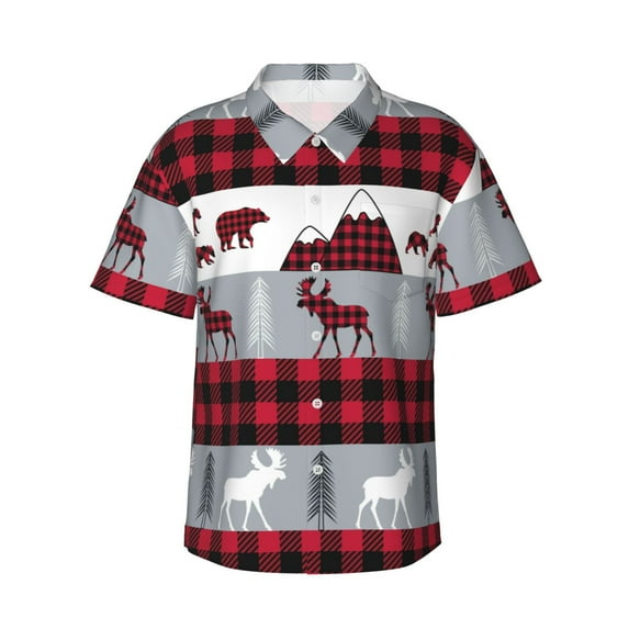 Uemuo Buffalo Plaid Forest Printed Regular Fit Short Sleeve Casual Hawaiian Shirt for Men,Aloha shirt,Tropical shirt,Floral print shirt,Vacation Beach shirt-Small