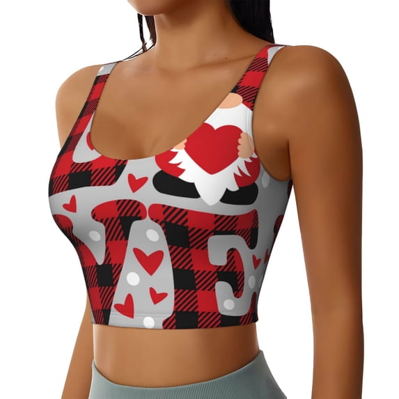 Uemuo Buffalo Plaid Love And Gnome Pattern Women's Sports Bra - High Impact Support, Breathable, and Comfortable Athletic Bra for Running, Yoga, and Workouts