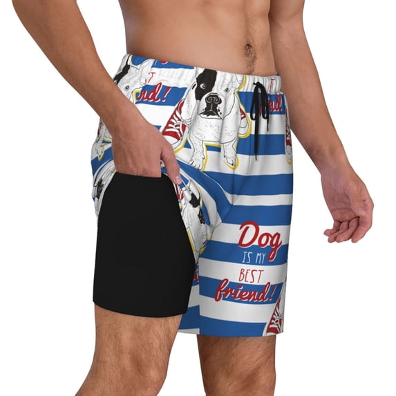 Uemuo Bulldog Friend Pattern Mens Swim Trunks Quick Dry Board Shorts with Mesh Lining, Stretch Beach Shorts Quick Dry No-Chafing Board Shorts-Large