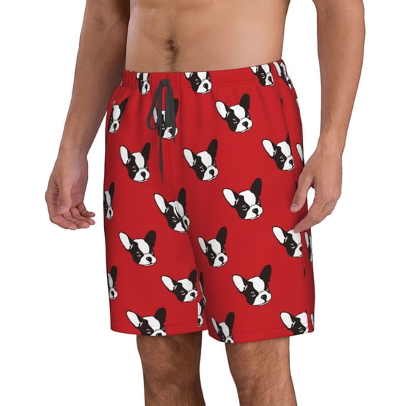 Uemuo Bulldog Red Pattern Men's Swim Trunks Hawaiian Beach Bathing Suit Swimsuits Beach Quick-Dry Shorts with Pockets-