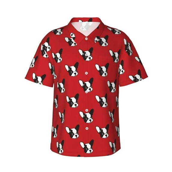 Uemuo Bulldog Red Printed Regular Fit Short Sleeve Casual Hawaiian Shirt for Men,Aloha shirt,Tropical shirt,Floral print shirt,Vacation Beach shirt-Large
