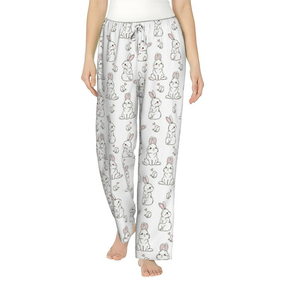 Uemuo Bunny And Bird Pattern Women's Wide Leg Palazzo Lounge Pants with Pockets Light Weight Loose Comfy Casual Pajama Pants-Small