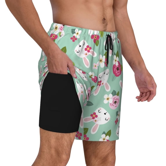 Uemuo Bunny And Rose Pattern Mens Swim Trunks Quick Dry Board Shorts with Mesh Lining, Stretch Beach Shorts Quick Dry No-Chafing Board Shorts-Medium