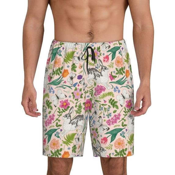Uemuo Bunny Floral Pattern Men's Short Pajama Pants – Soft & Breathable Lounge Shorts, Elastic Waistband with Pockets, Lightweight Sleepwear for All-Season Comfort-3X-Large