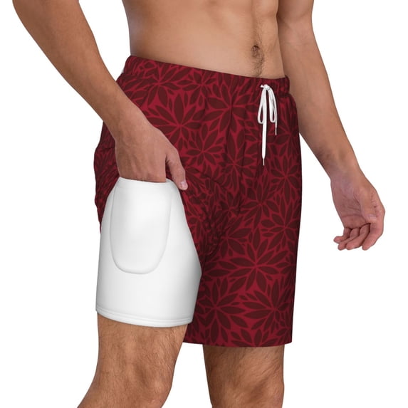Uemuo Burgundy Floral Pattern Mens Swim Trunks Quick Dry Board Shorts with Mesh Lining, Stretch Beach Shorts Quick Dry No-Chafing Board Shorts-Medium